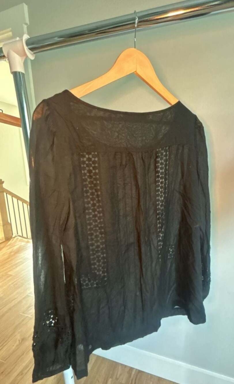 Ann Taylor Loft Women's Black Long Sleeve Blouse with Crochet Lace Inset Details